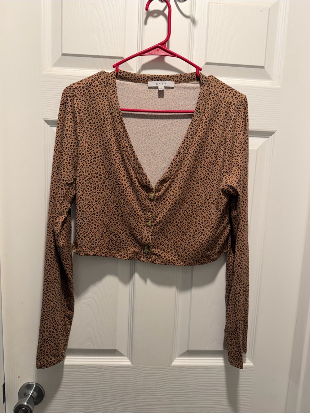 gaze Leopard Print Button-Front Long Sleeve Crop Top - Brown